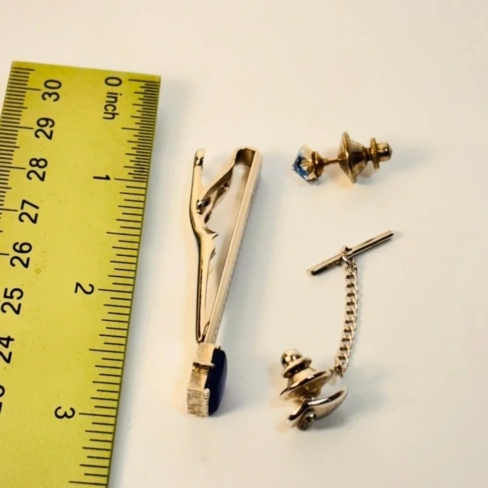 Vintage Swank Tie Clip Lapel Pin Set Blue Silver Tone Mesh Eclectic Dapper Goth